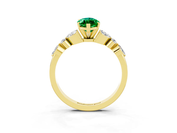 Yellow gold Marquise Cut Emerald Solitaire Ring with Side Stones and Four-Prong Setting