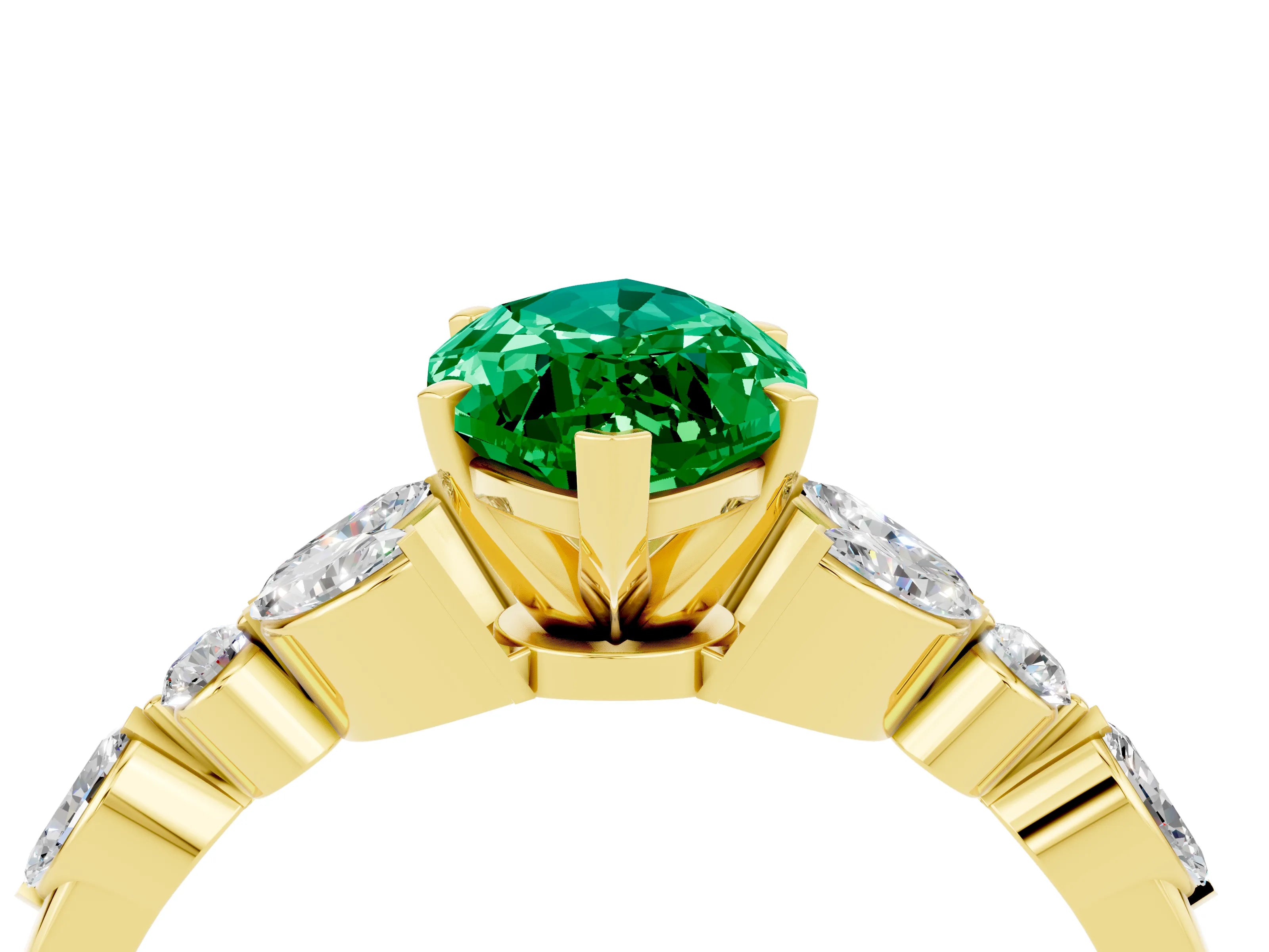 Yellow gold Marquise Cut Emerald Solitaire Ring with Side Stones and Four-Prong Setting_16