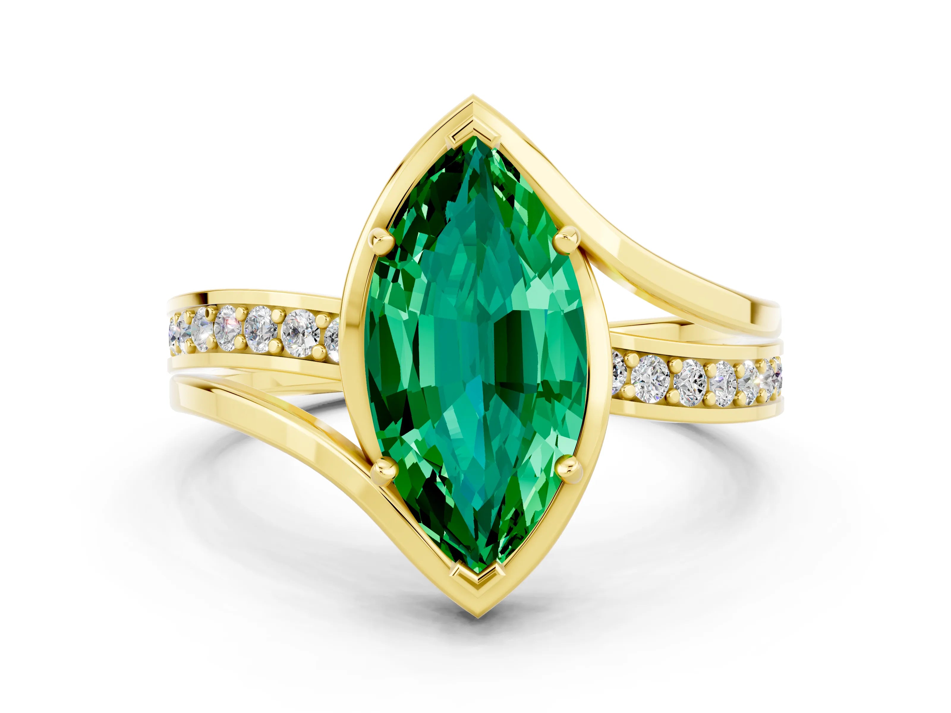 Yellow gold Marquise Cut Emerald Solitaire Ring with Split Shank and Prong Setting