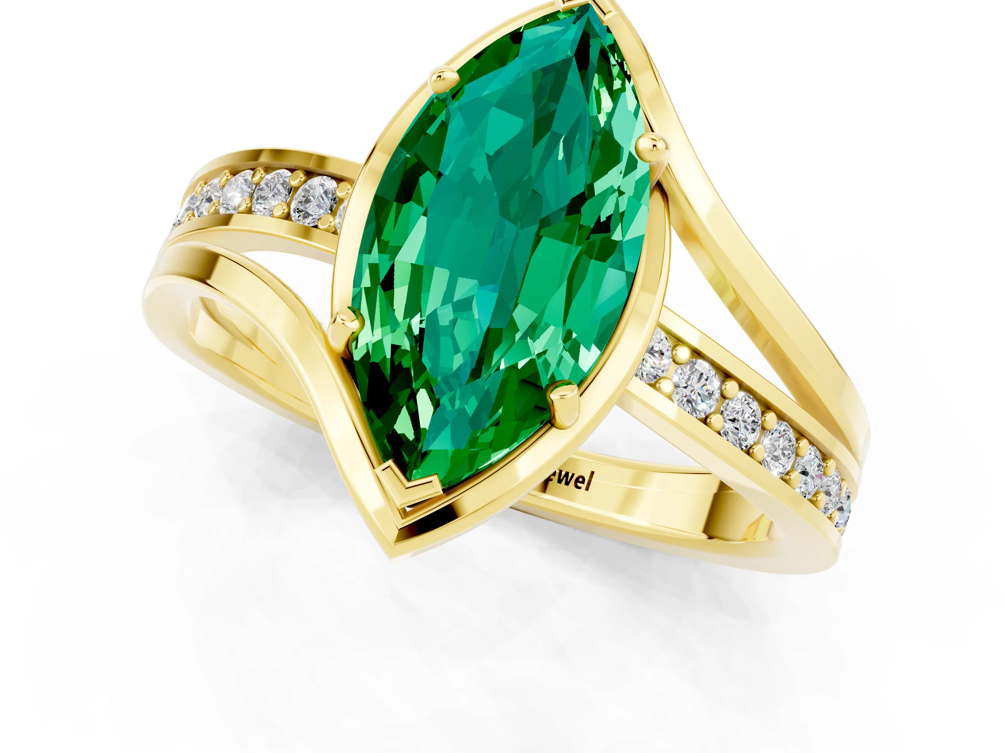 Yellow gold Marquise Cut Emerald Solitaire Ring with Split Shank and Prong Setting_1
