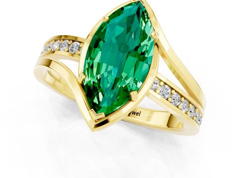 Yellow gold Marquise Cut Emerald Solitaire Ring with Split Shank and Prong Setting_1