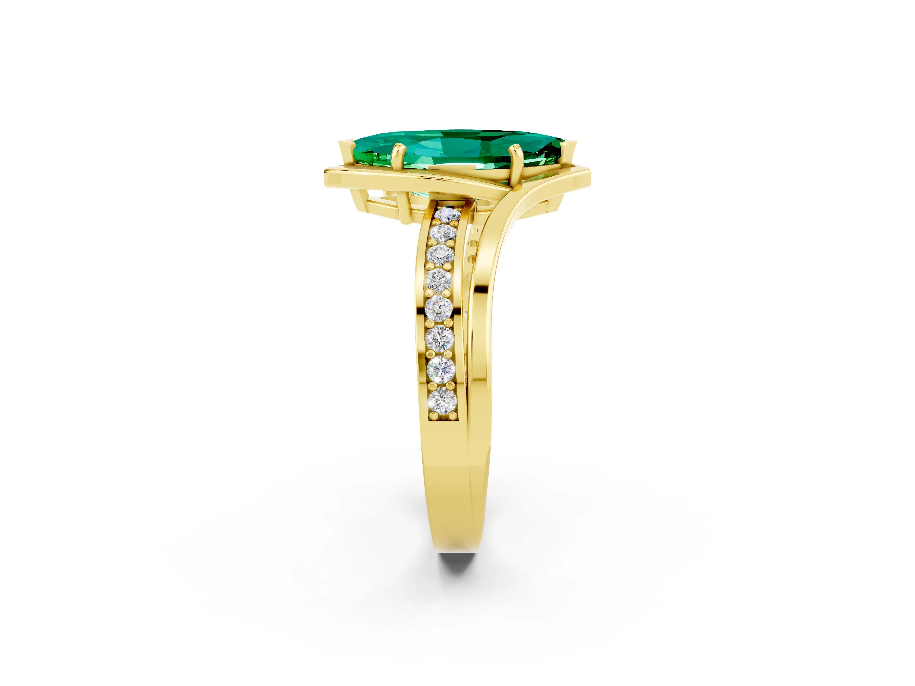 Yellow gold Marquise Cut Emerald Solitaire Ring with Split Shank and Prong Setting_2