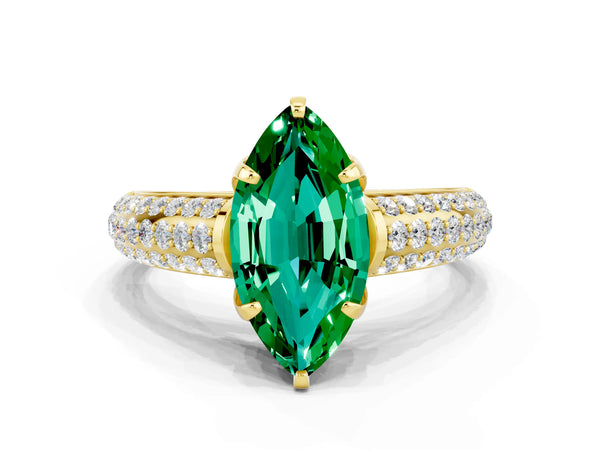 Yellow gold Marquise Cut Emerald Solitaire Ring with Three-Row Pavé Band and Four-Prong Setting