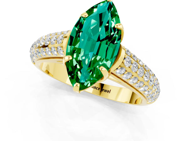 Yellow gold Marquise Cut Emerald Solitaire Ring with Three-Row Pavé Band and Four-Prong Setting