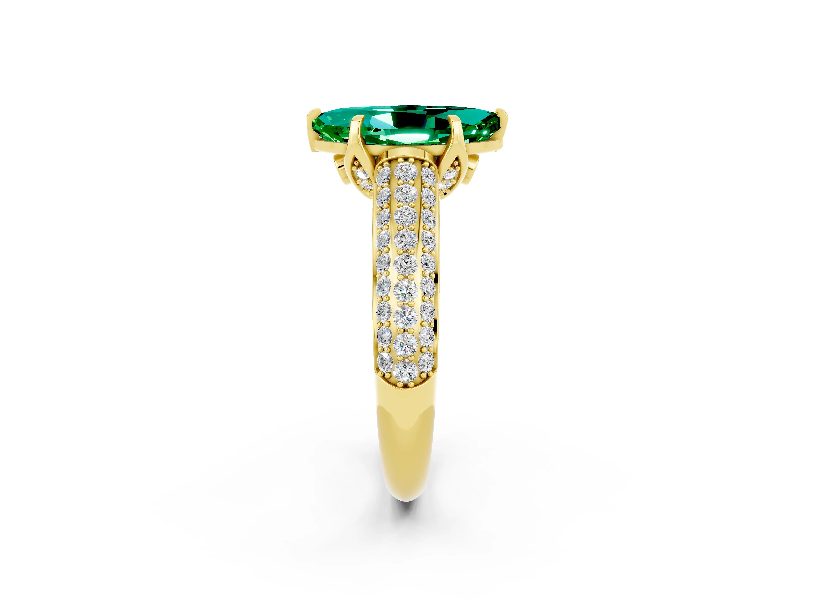 Yellow gold Marquise Cut Emerald Solitaire Ring with Three-Row Pavé Band and Four-Prong Setting_14