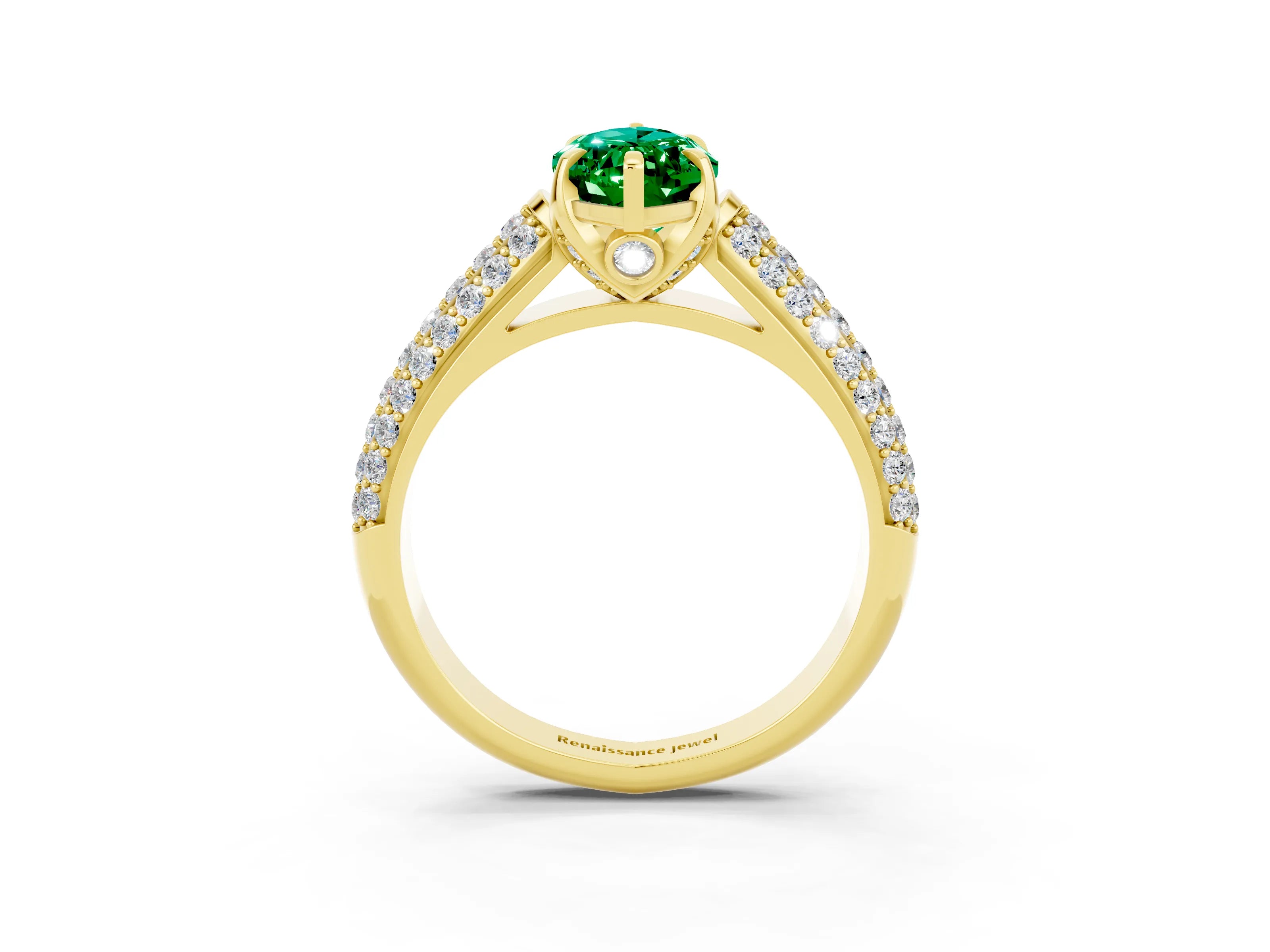 Yellow gold Marquise Cut Emerald Solitaire Ring with Three-Row Pavé Band and Four-Prong Setting_15