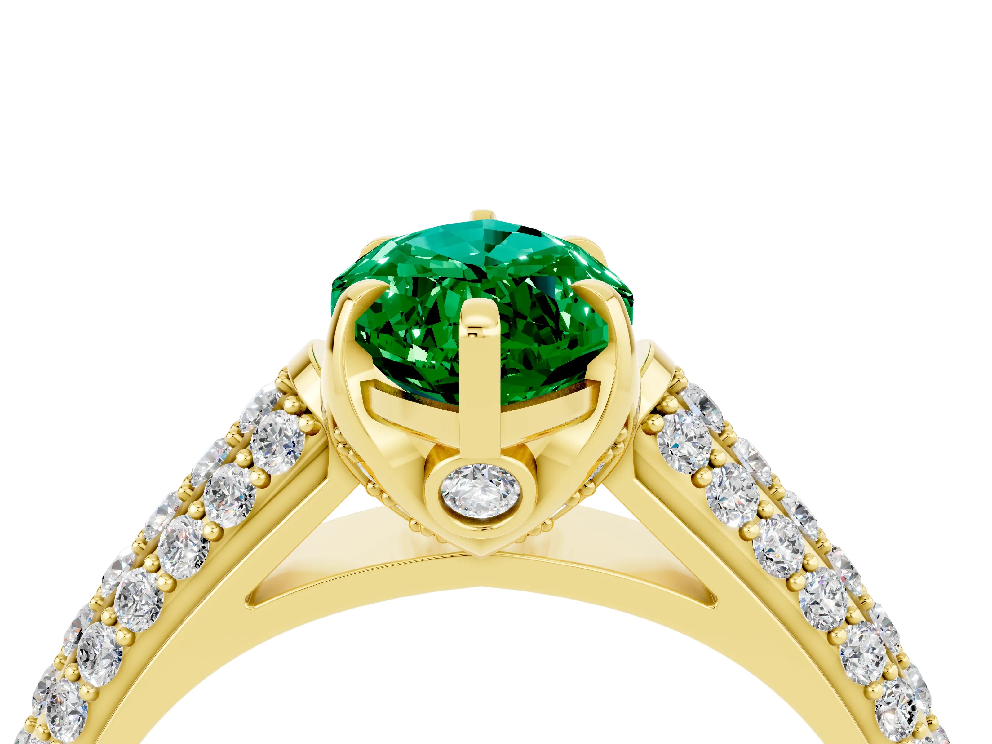 Yellow gold Marquise Cut Emerald Solitaire Ring with Three-Row Pavé Band and Four-Prong Setting_16