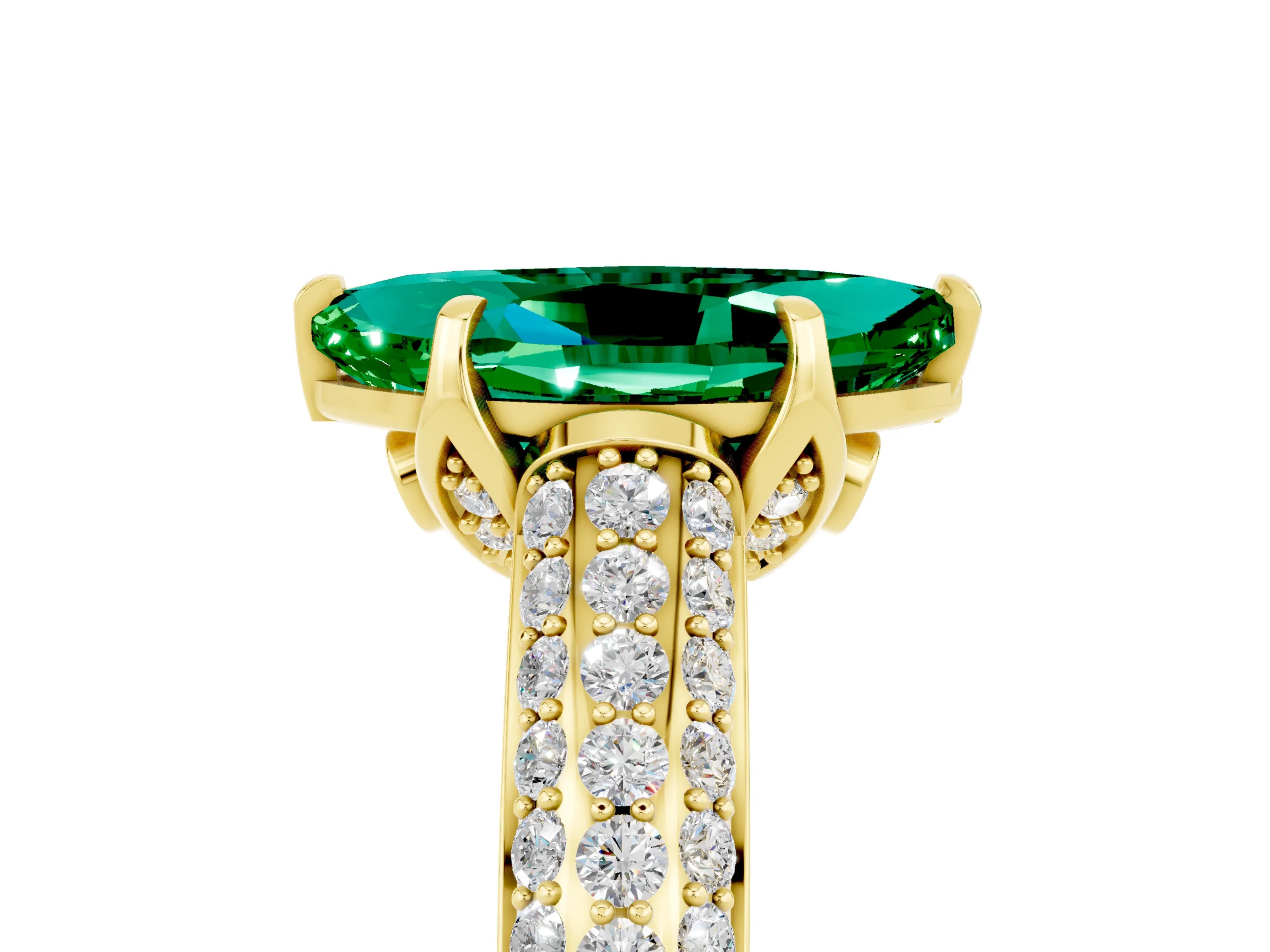 Yellow gold Marquise Cut Emerald Solitaire Ring with Three-Row Pavé Band and Four-Prong Setting_17