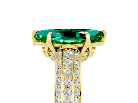 Yellow gold Marquise Cut Emerald Solitaire Ring with Three-Row Pavé Band and Four-Prong Setting_17