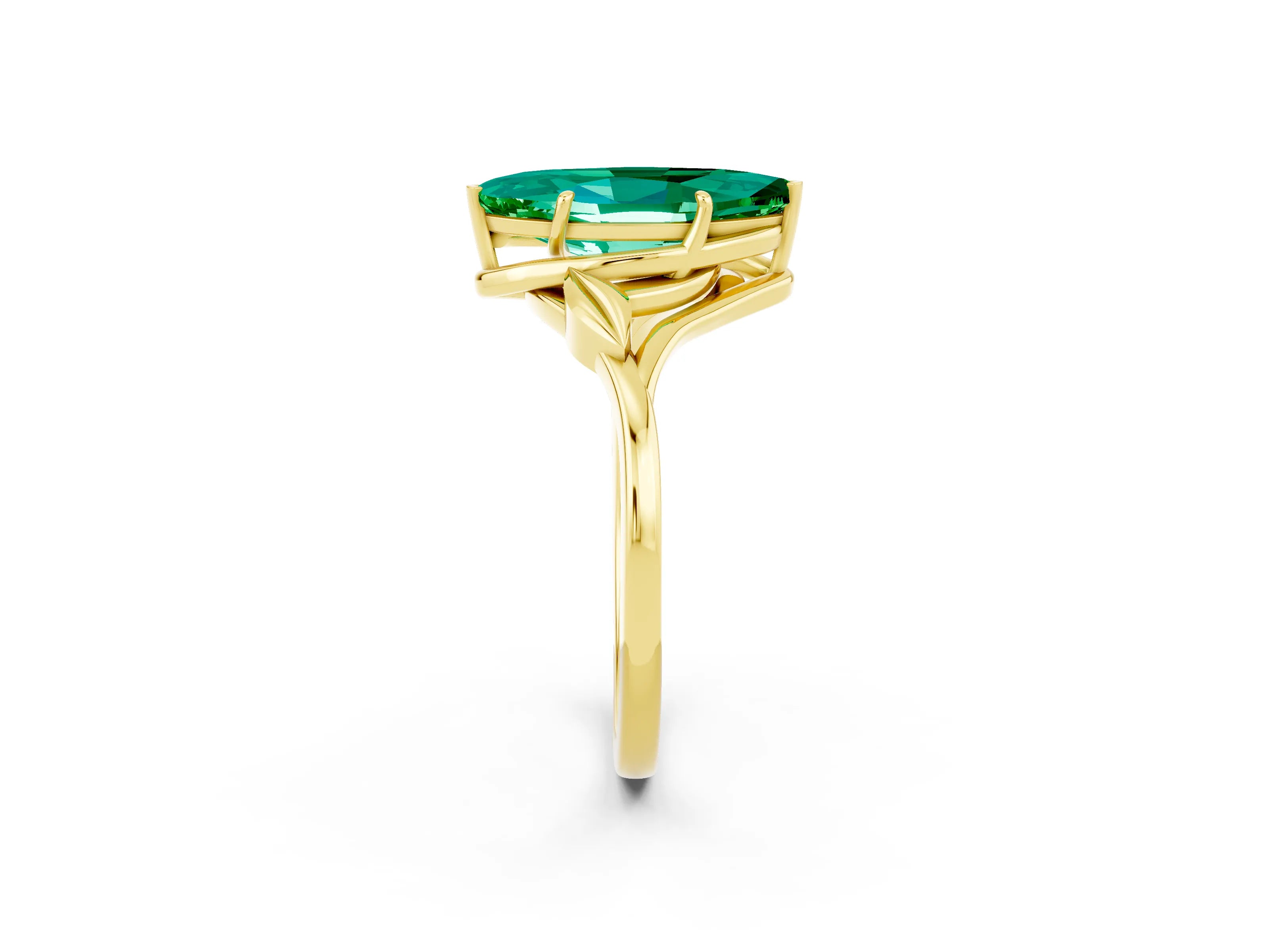 Yellow gold Marquise Cut Emerald Solitaire Ring with Twist Band and Four-Prong Setting_26