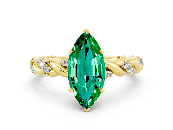 Yellow gold Marquise Cut Emerald Solitaire Ring with Twisted Band and Pavé Accents