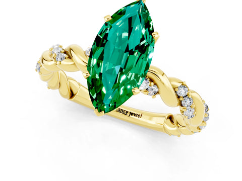 Yellow gold Marquise Cut Emerald Solitaire Ring with Twisted Band and Pavé Accents_1
