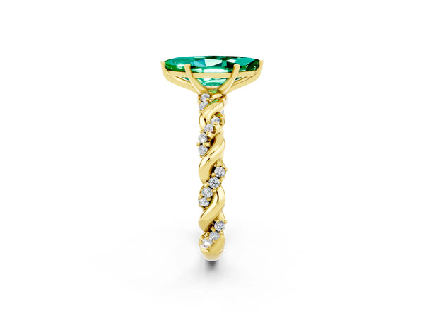 Yellow gold Marquise Cut Emerald Solitaire Ring with Twisted Band and Pavé Accents