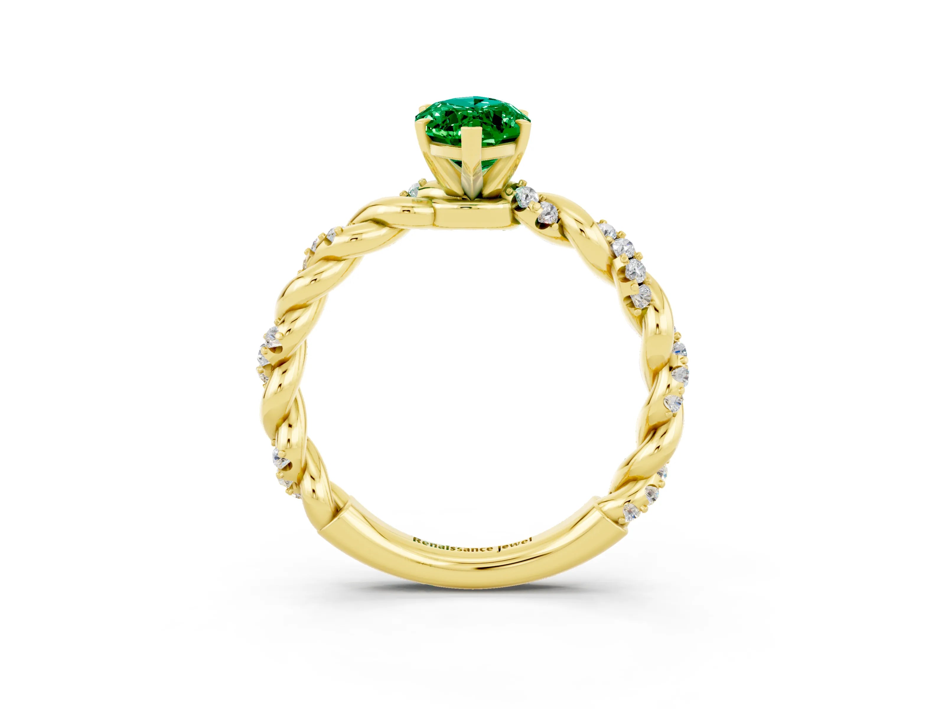 Yellow gold Marquise Cut Emerald Solitaire Ring with Twisted Band and Pavé Accents_3