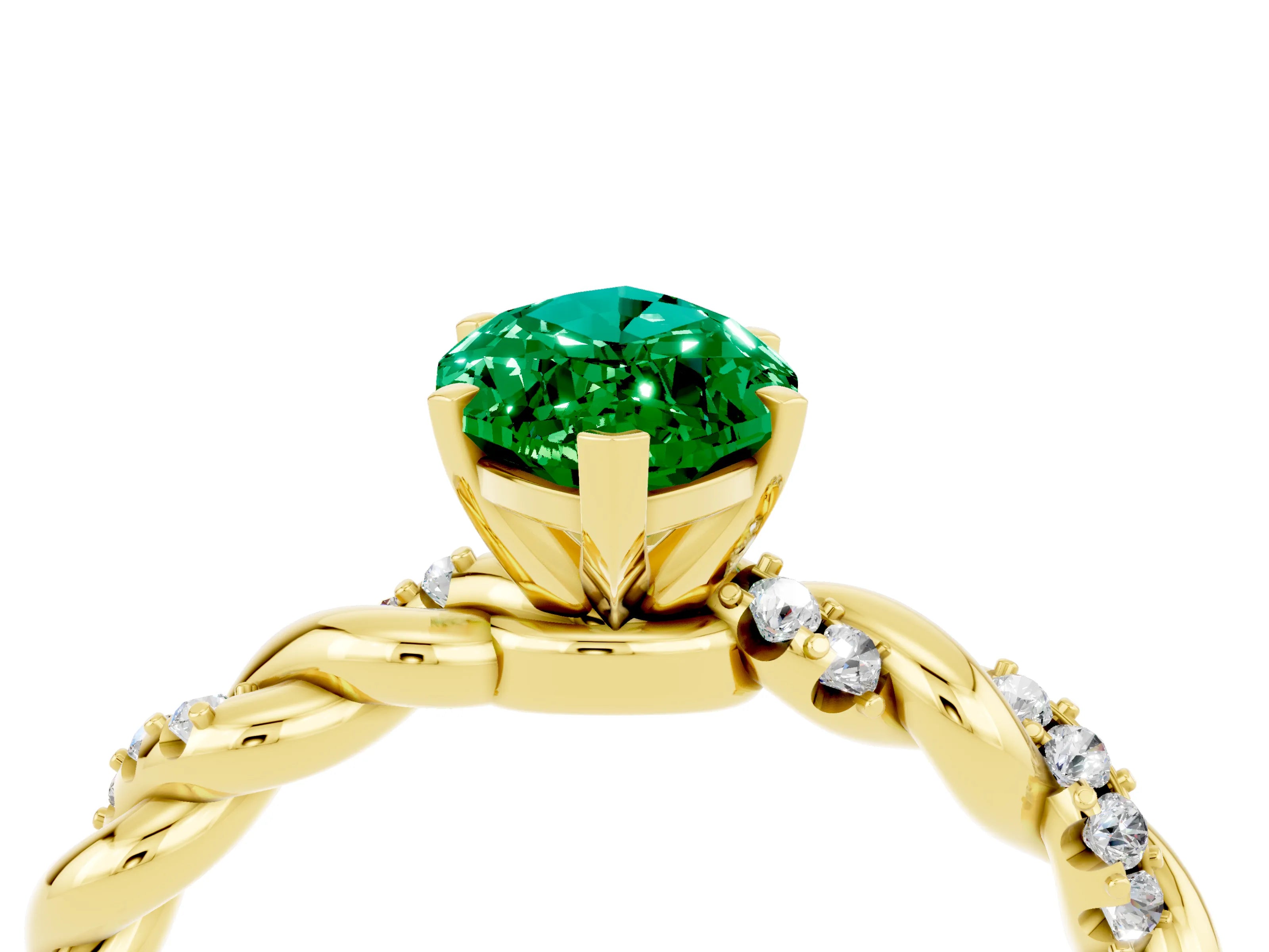 Yellow gold Marquise Cut Emerald Solitaire Ring with Twisted Band and Pavé Accents_4