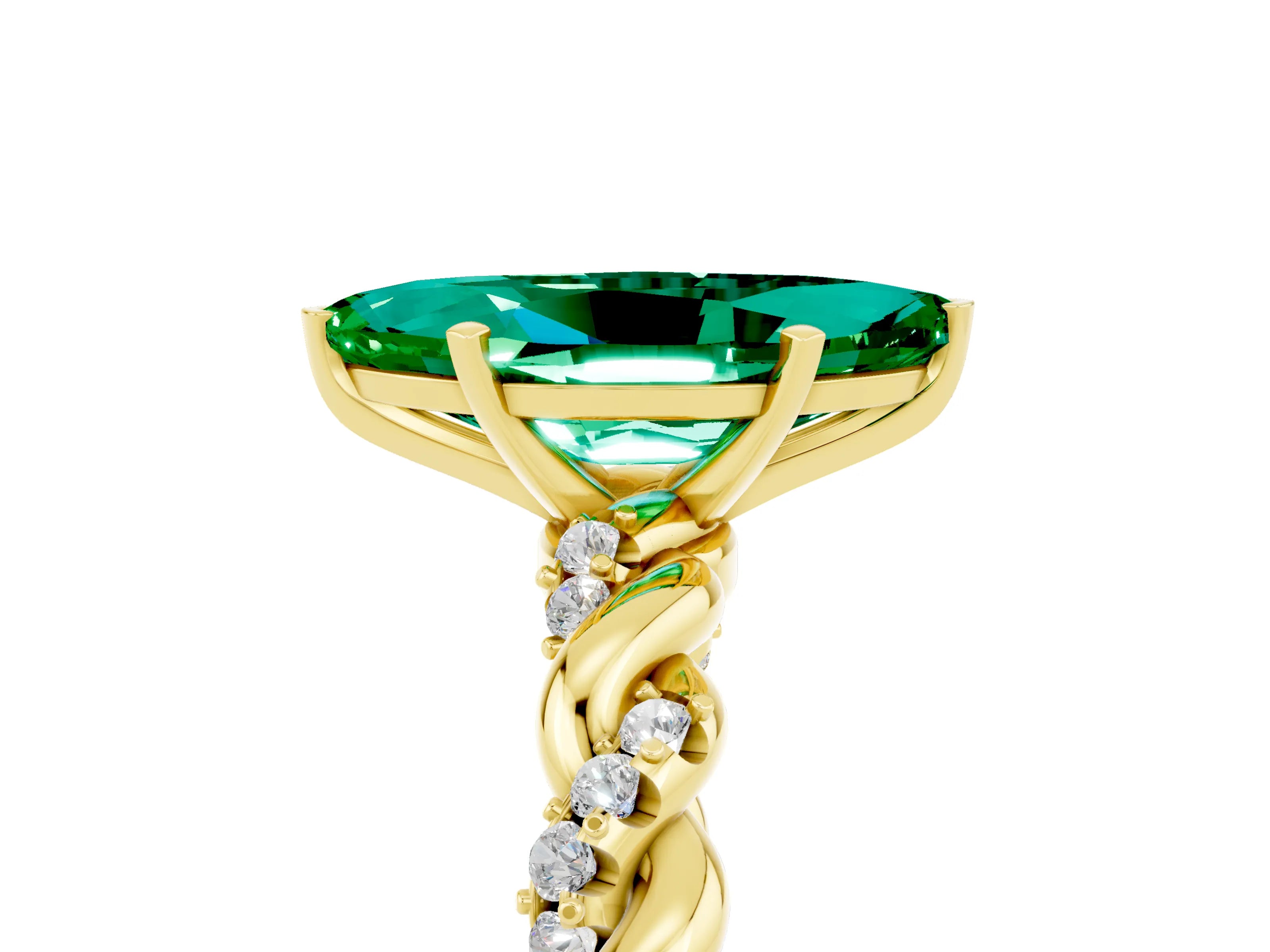 Yellow gold Marquise Cut Emerald Solitaire Ring with Twisted Band and Pavé Accents_5