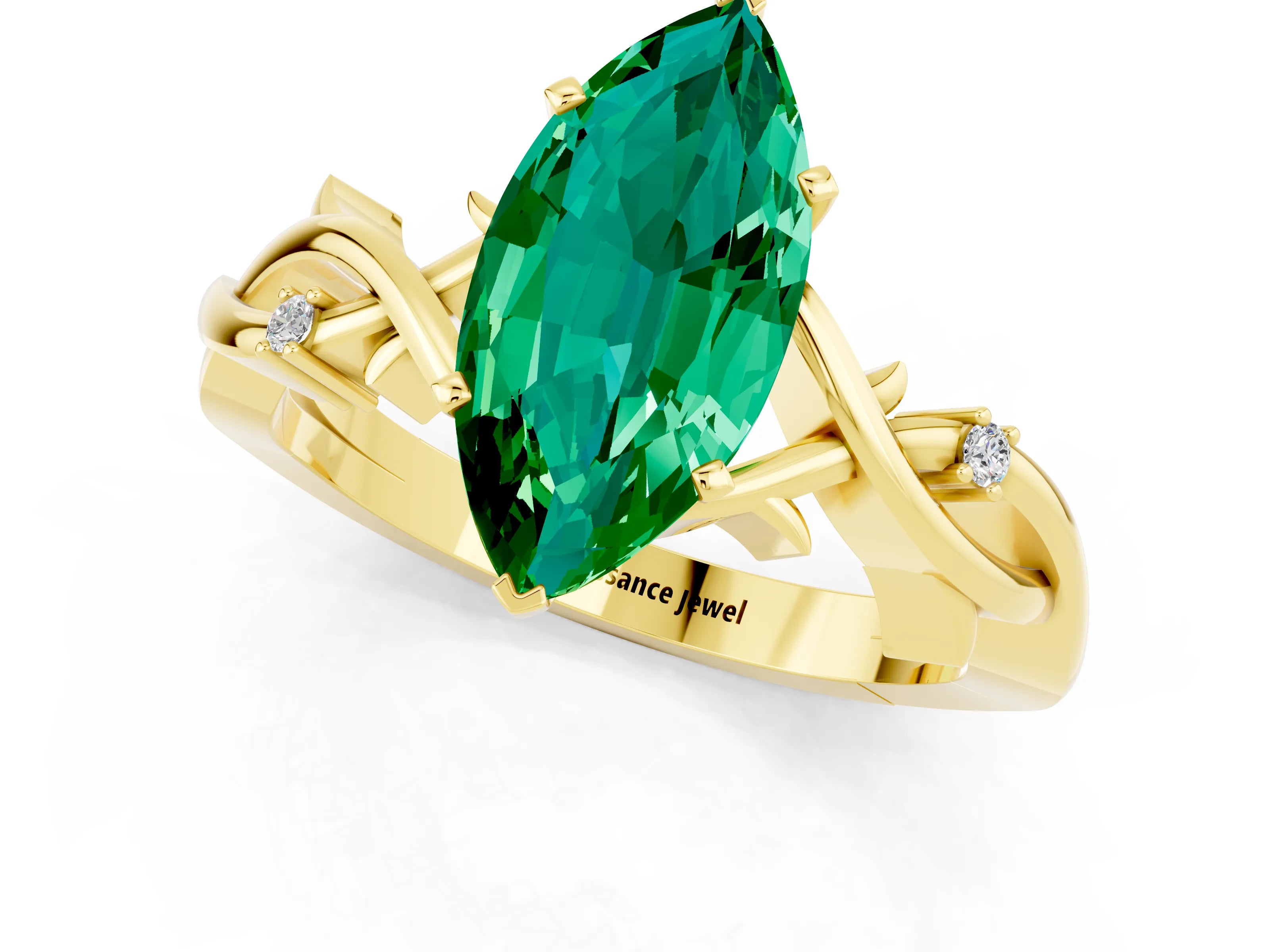 Yellow gold Marquise Cut Emerald Solitaire Ring with Twisted Band and Prong Setting_1