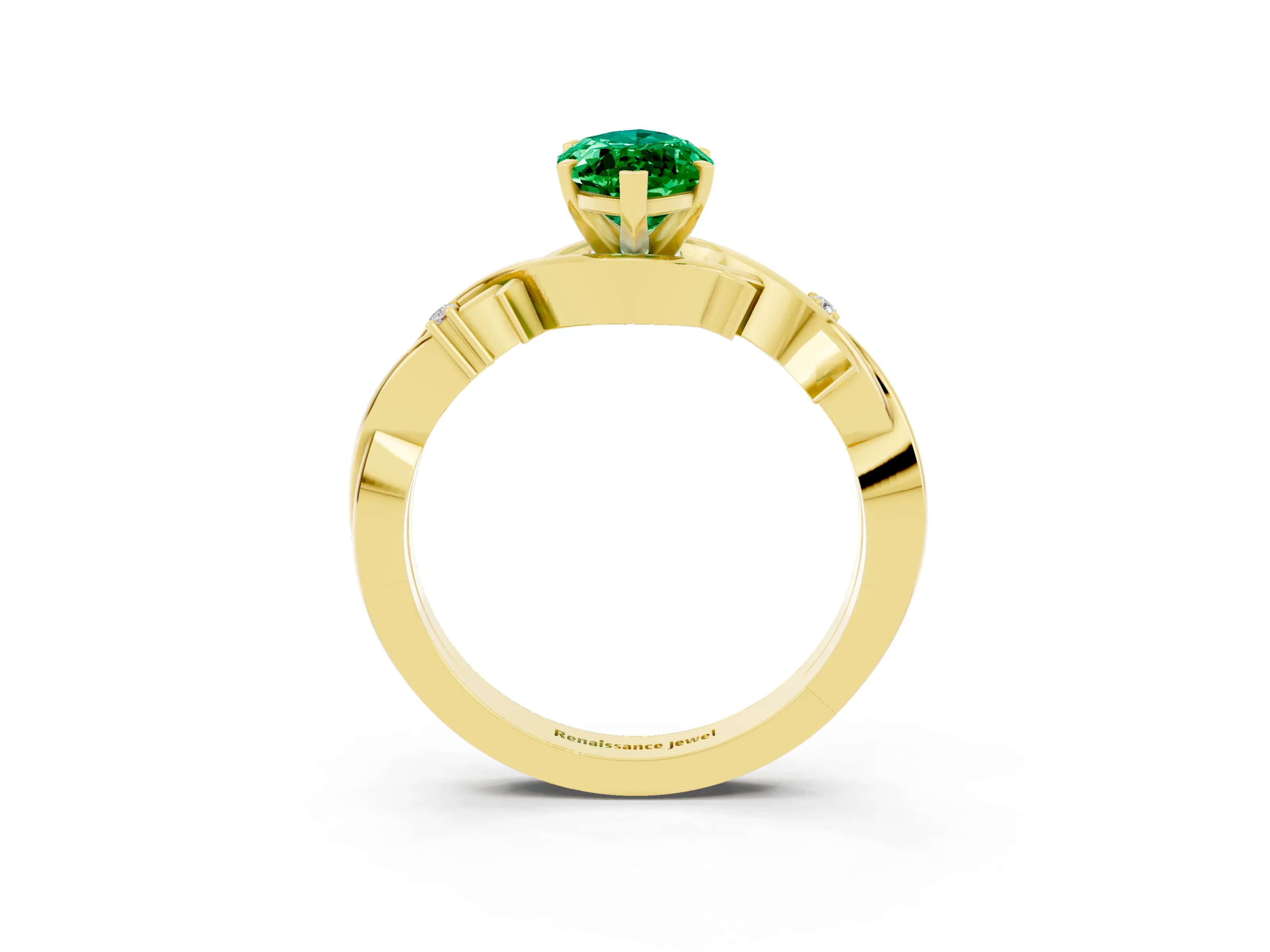 Yellow gold Marquise Cut Emerald Solitaire Ring with Twisted Band and Prong Setting_3