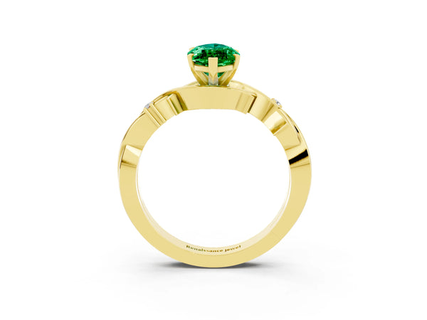 Yellow gold Marquise Cut Emerald Solitaire Ring with Twisted Band and Prong Setting