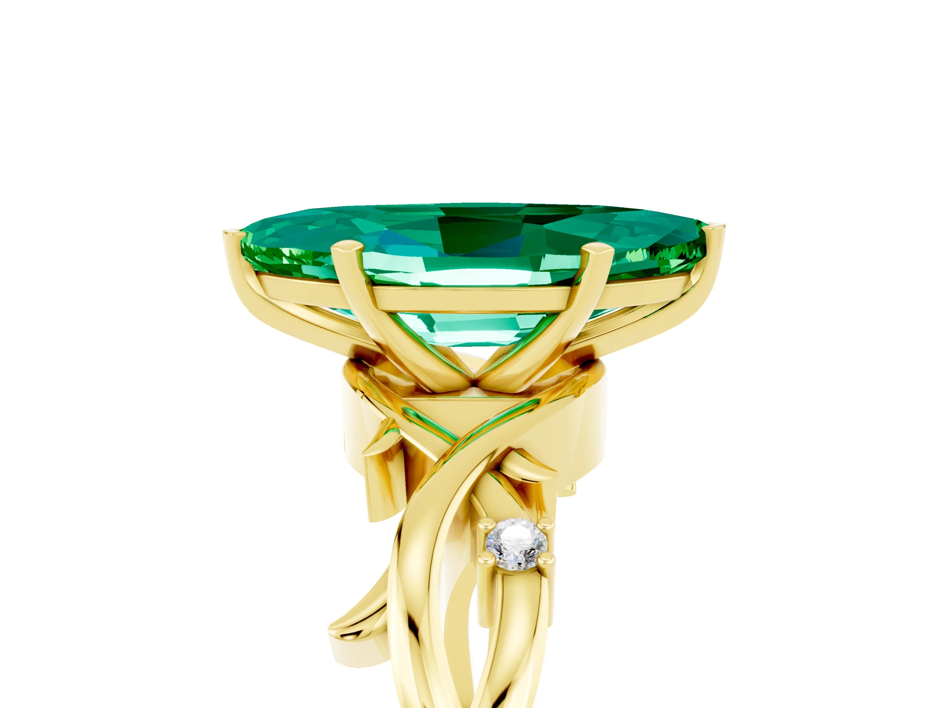 Yellow gold Marquise Cut Emerald Solitaire Ring with Twisted Band and Prong Setting_5