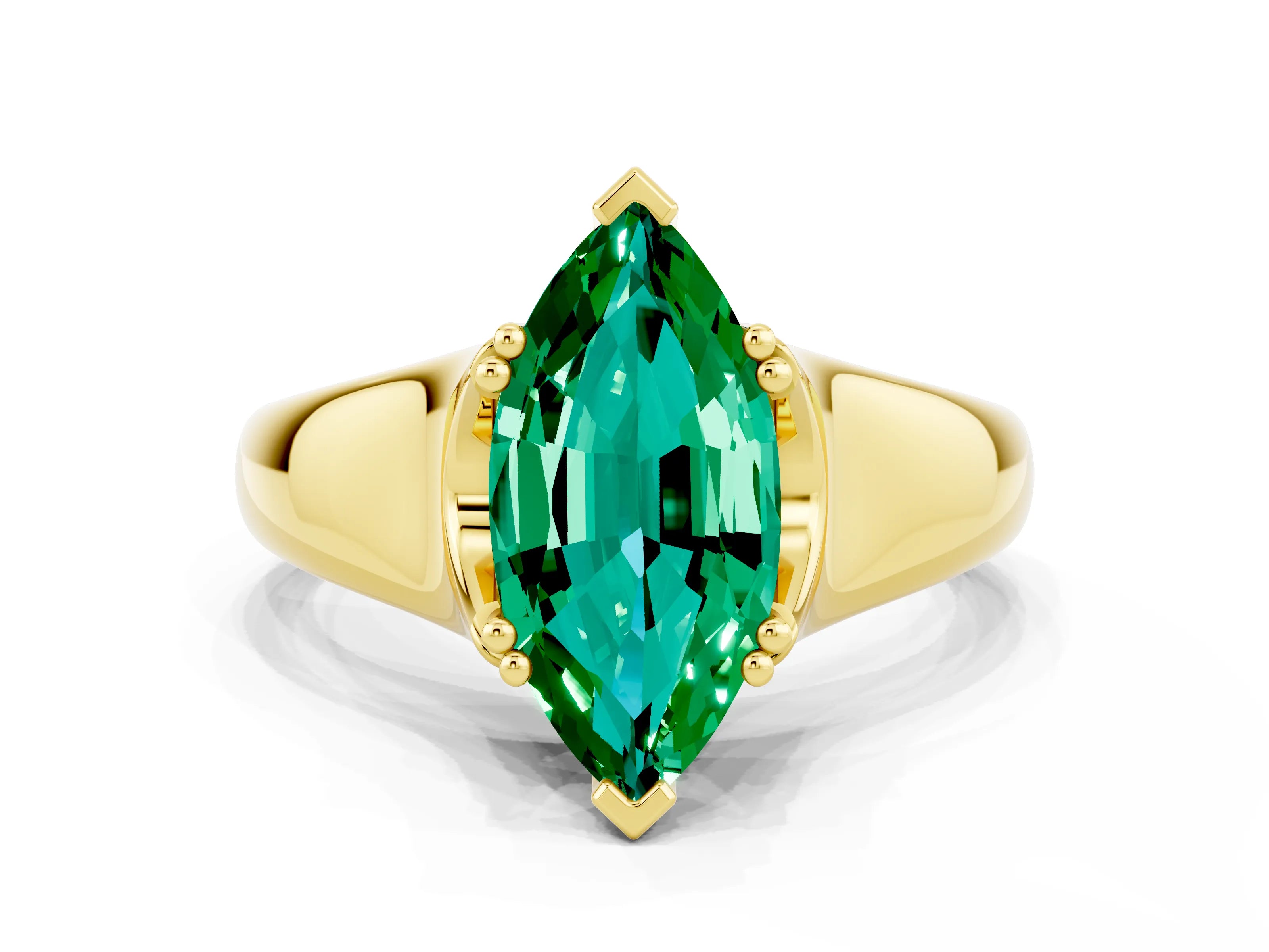 Yellow gold Marquise Cut Emerald Solitaire Ring with Wide Band and Prong Setting