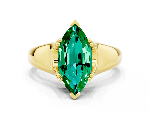 Yellow gold Marquise Cut Emerald Solitaire Ring with Wide Band and Prong Setting