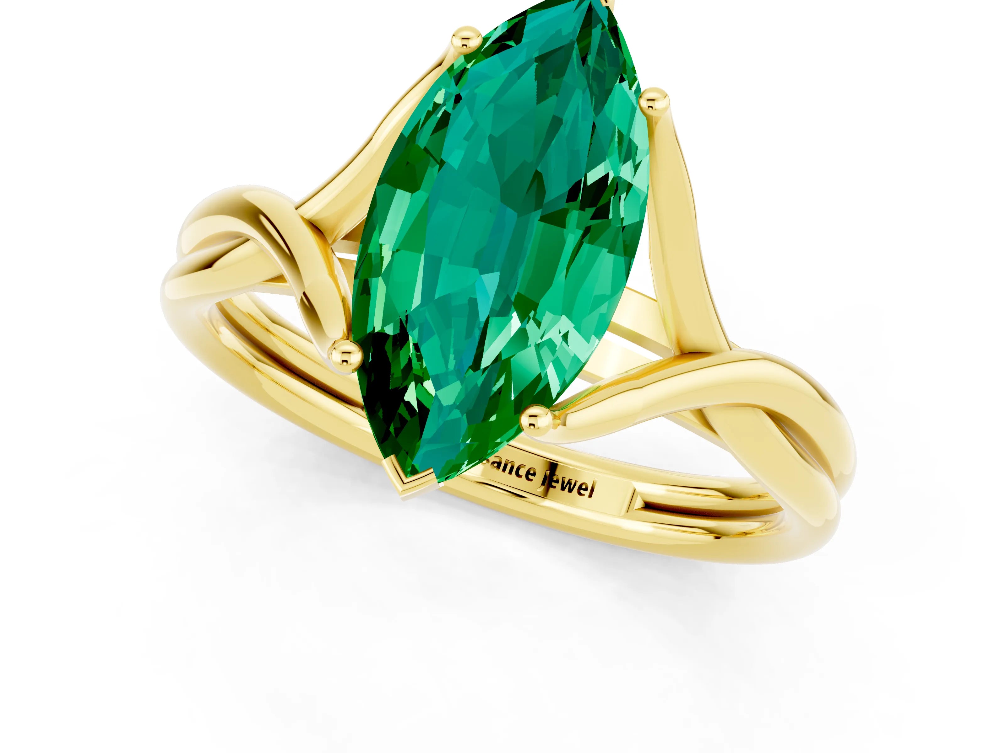 Yellow gold Marquise Cut Emerald Solitaire Twist Band Prong Setting Ring_37