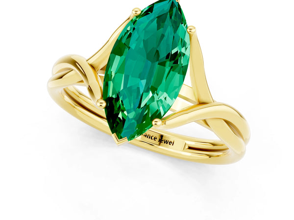 Yellow gold Marquise Cut Emerald Solitaire Twist Band Prong Setting Ring