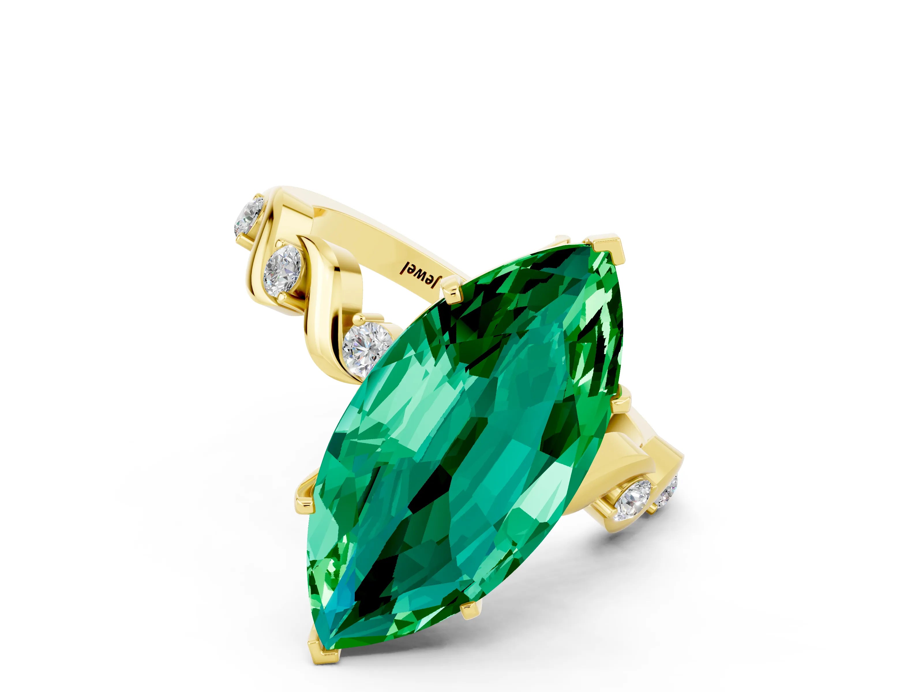 Yellow gold Marquise Cut Emerald Solitaire Twisted Band with Round  Accents and Prong Setting_12