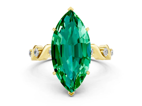 Yellow gold Marquise Cut Emerald Solitaire Twisted Band with Round  Accents and Prong Setting