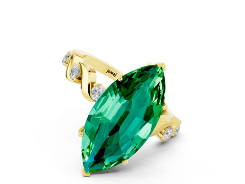 Yellow gold Marquise Cut Emerald Solitaire Twisted Band with Round  Accents and Prong Setting_12