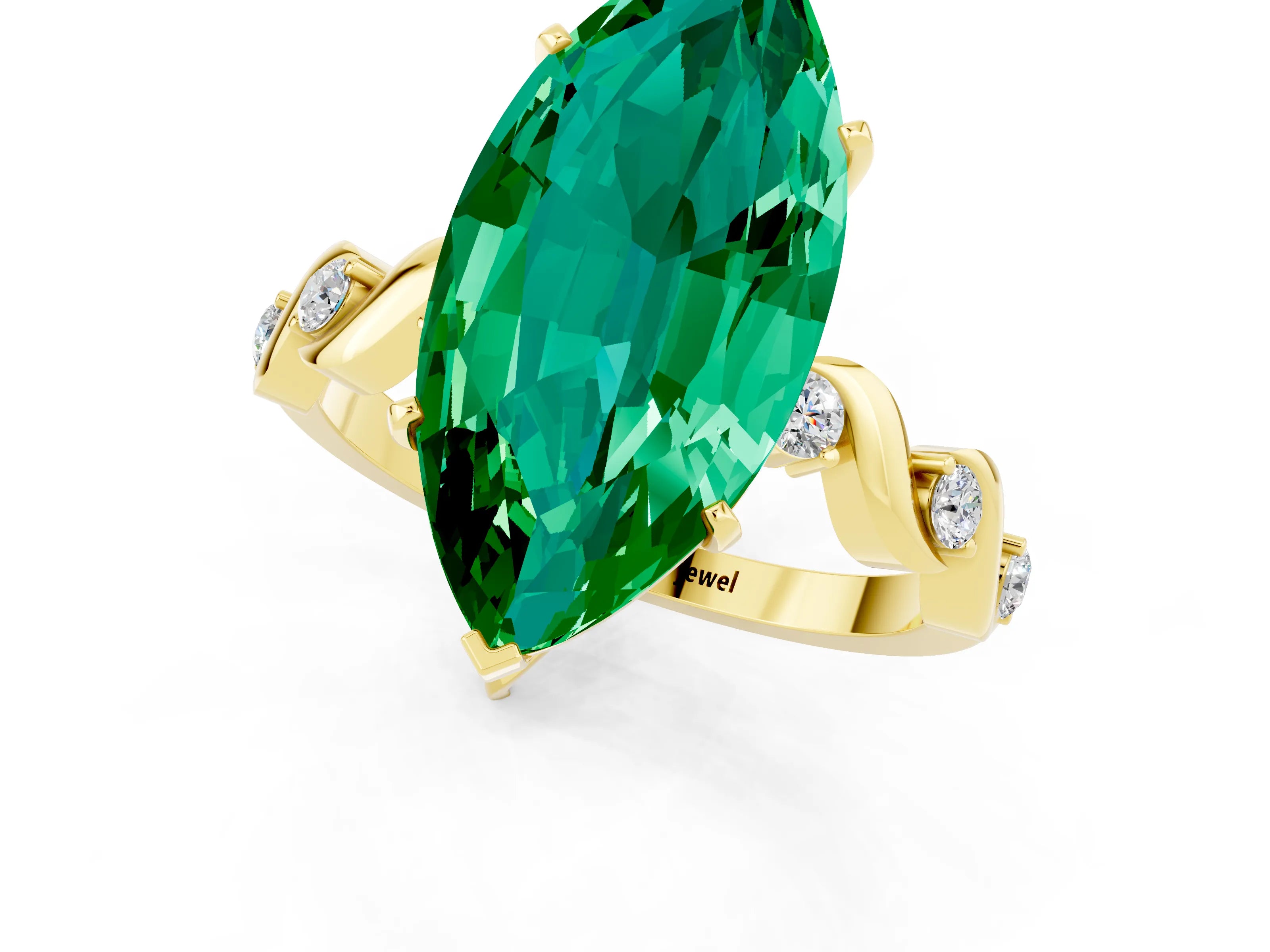 Yellow gold Marquise Cut Emerald Solitaire Twisted Band with Round  Accents and Prong Setting_13