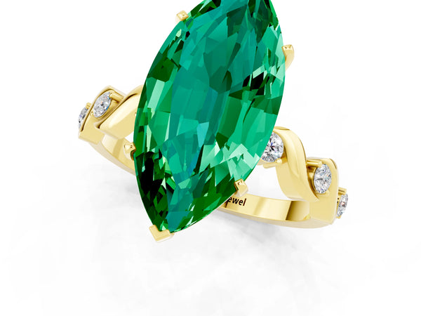 Yellow gold Marquise Cut Emerald Solitaire Twisted Band with Round  Accents and Prong Setting