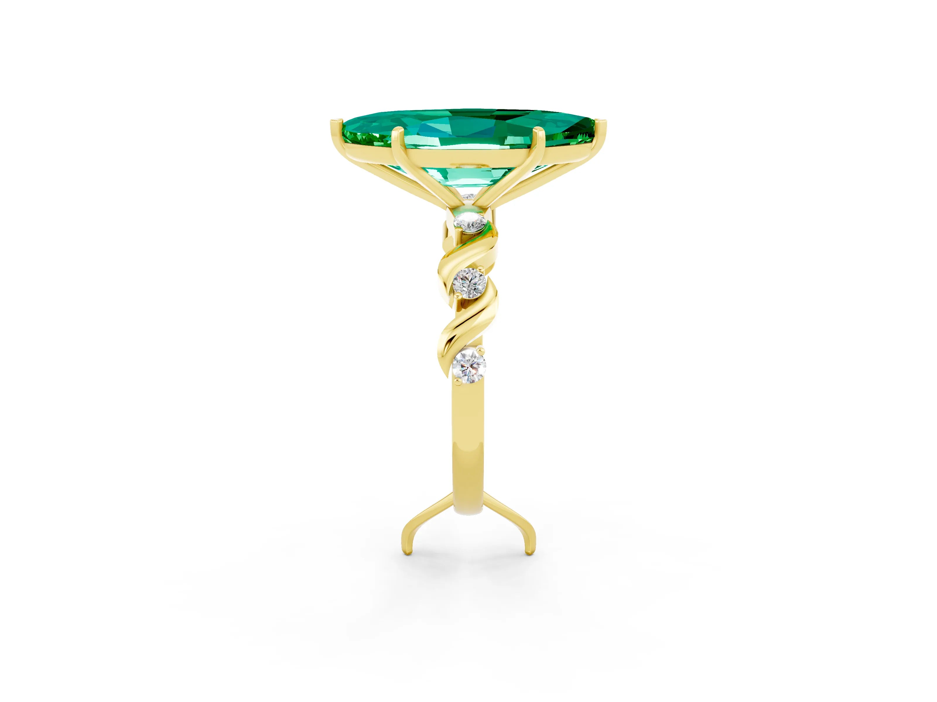 Yellow gold Marquise Cut Emerald Solitaire Twisted Band with Round  Accents and Prong Setting_14