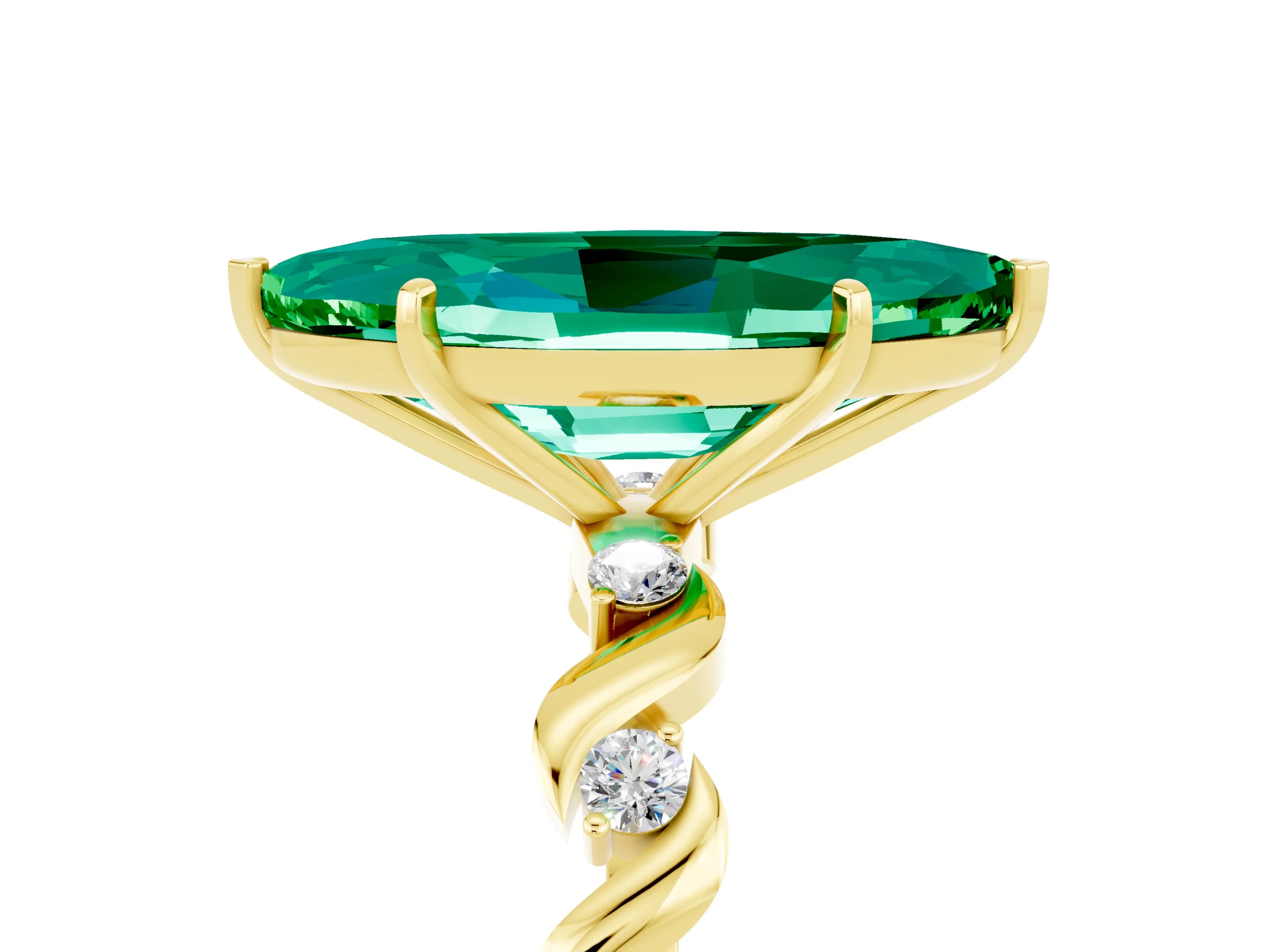 Yellow gold Marquise Cut Emerald Solitaire Twisted Band with Round  Accents and Prong Setting_17