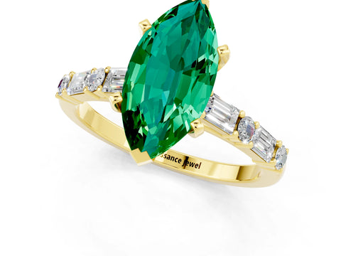 Yellow gold Marquise Cut Emerald Solitaire with Side Baguettes and Channel Set Band_1