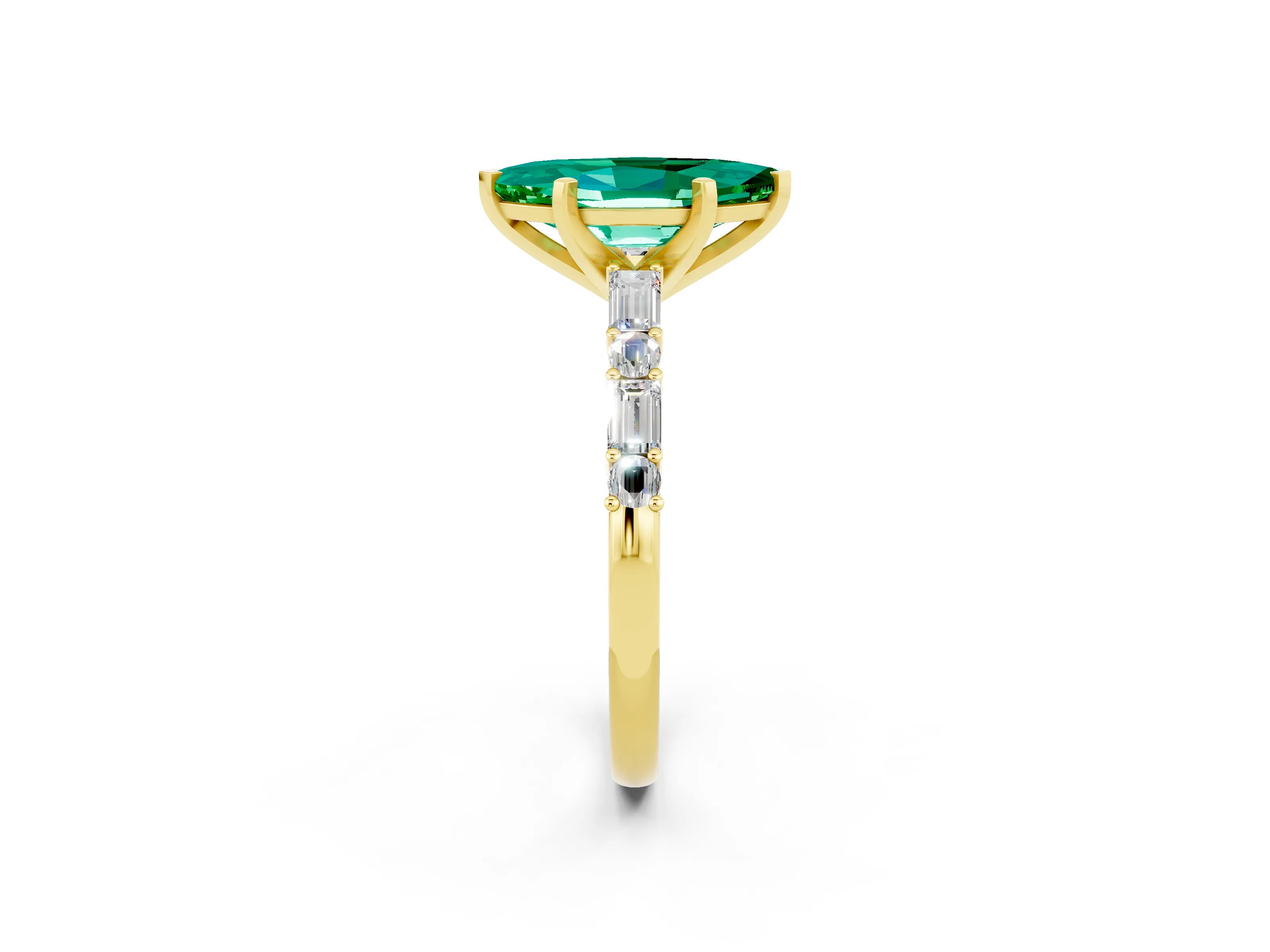 Yellow gold Marquise Cut Emerald Solitaire with Side Baguettes and Channel Set Band_2