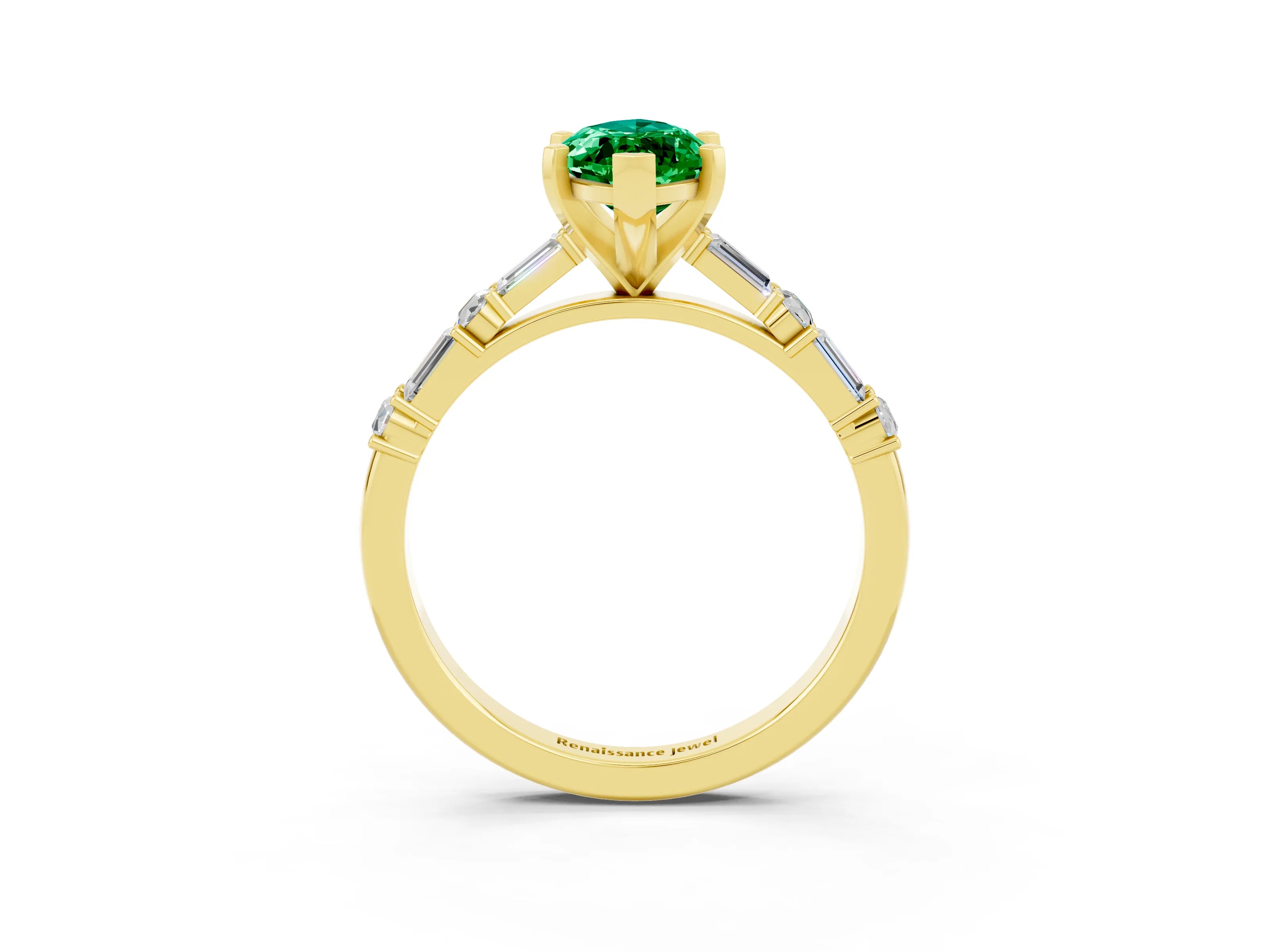 Yellow gold Marquise Cut Emerald Solitaire with Side Baguettes and Channel Set Band_3