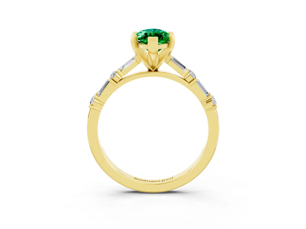 Yellow gold Marquise Cut Emerald Solitaire with Side Baguettes and Channel Set Band