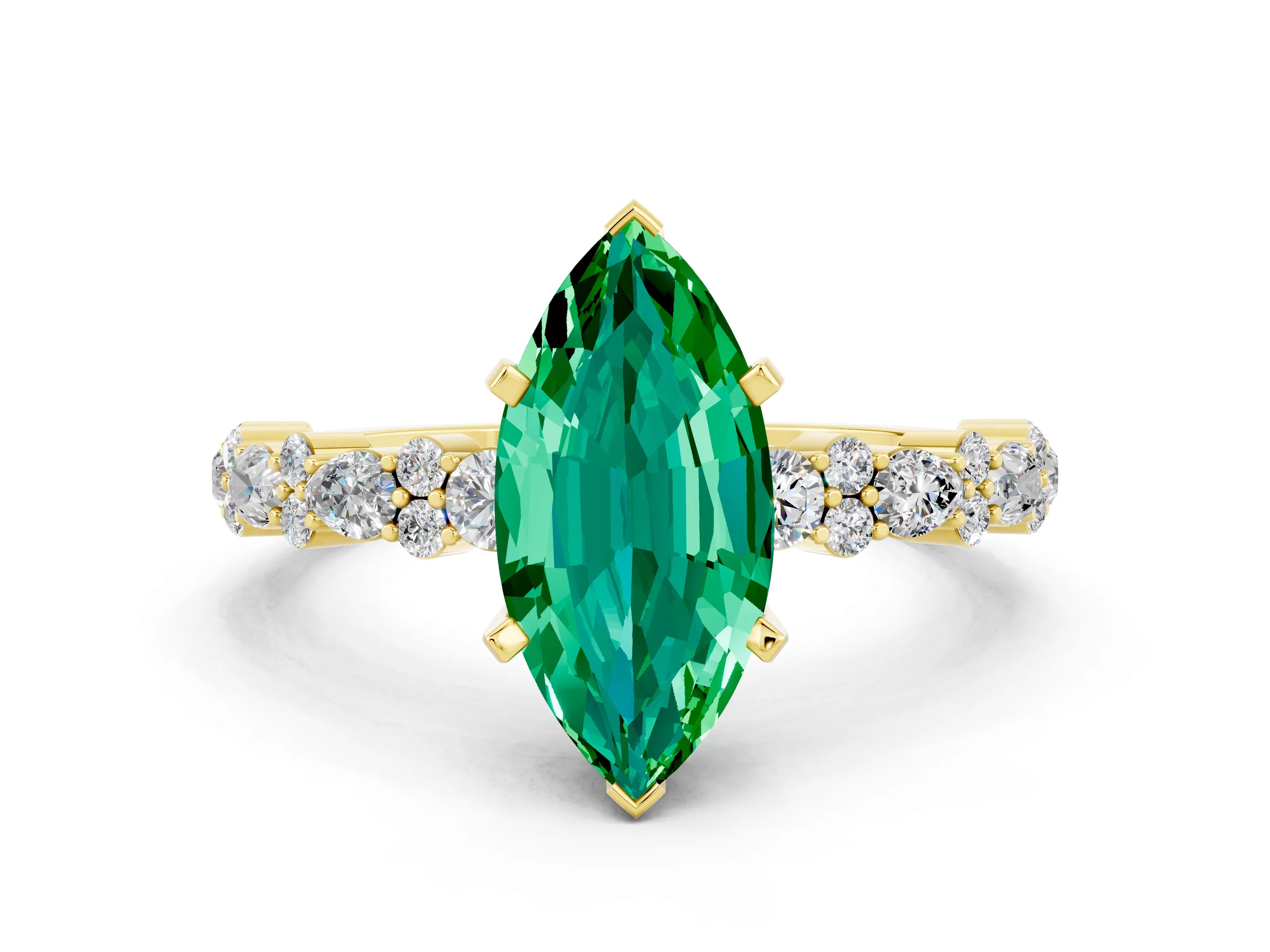 Yellow gold Marquise Cut Emerald Solitaire with Side Stones, Pave Band, Four-Prong Setting_36
