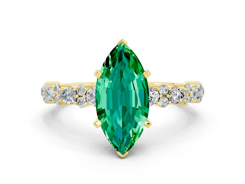 Yellow gold Marquise Cut Emerald Solitaire with Side Stones, Pave Band, Four-Prong Setting_36