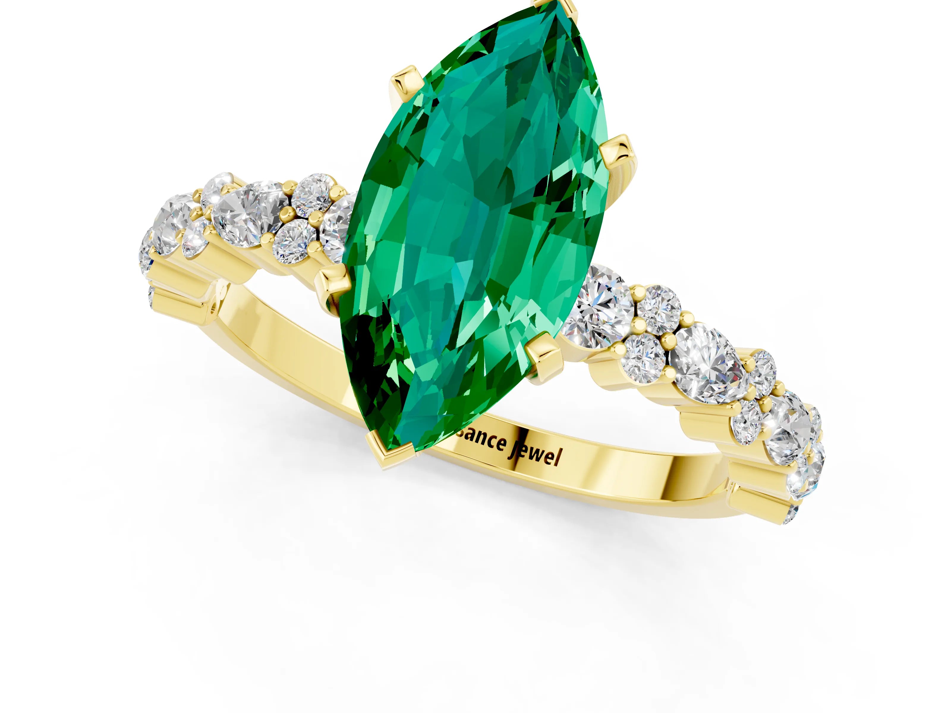Yellow gold Marquise Cut Emerald Solitaire with Side Stones, Pave Band, Four-Prong Setting_37