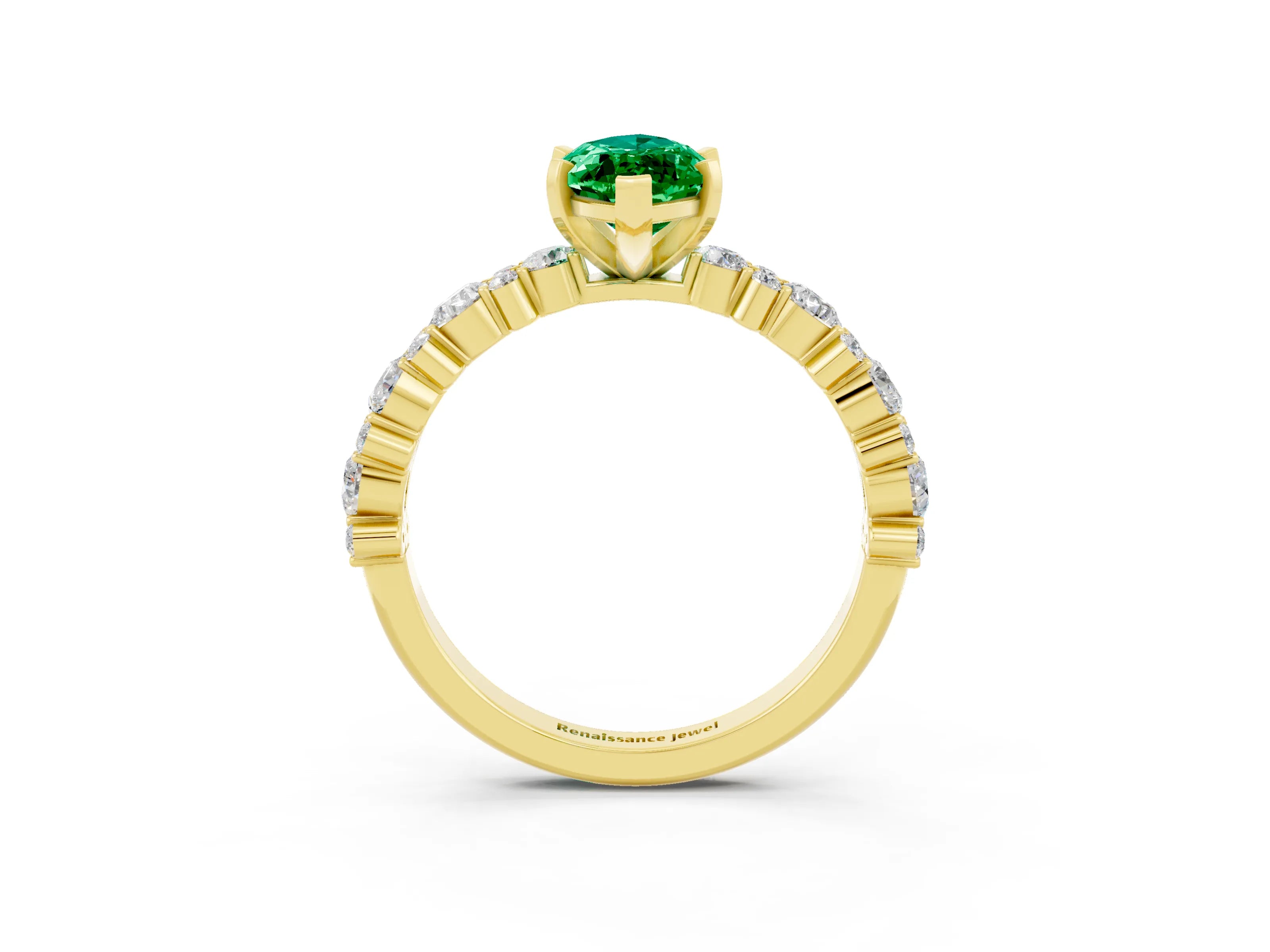 Yellow gold Marquise Cut Emerald Solitaire with Side Stones, Pave Band, Four-Prong Setting_39
