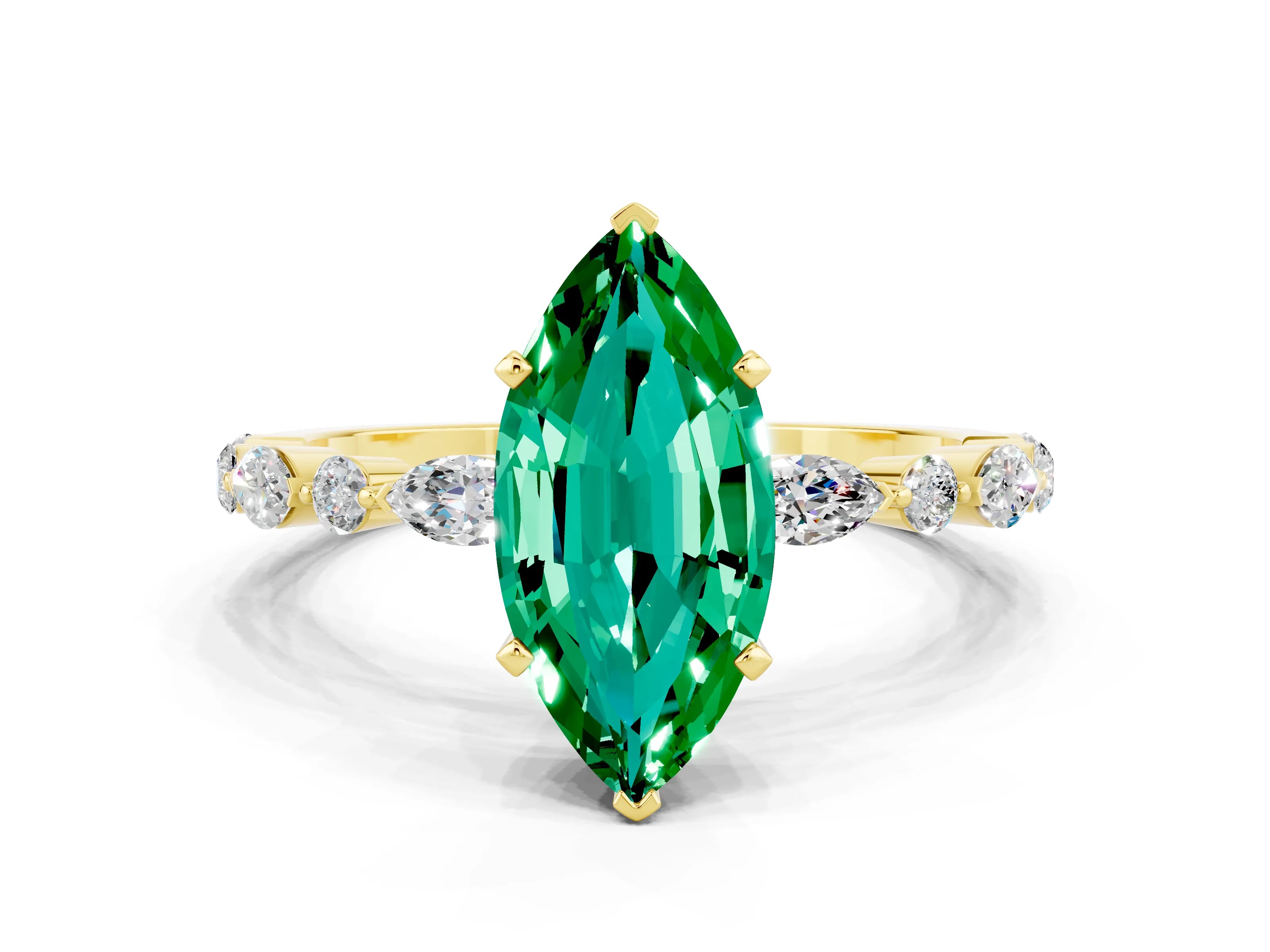 Yellow gold Marquise Cut Emerald Solitaire with Side Stones on a Pavé Band and Four-Prong Setting