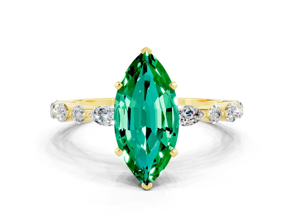 Yellow gold Marquise Cut Emerald Ring with Marquise and Round  Side Stones and Four-Prong Setting