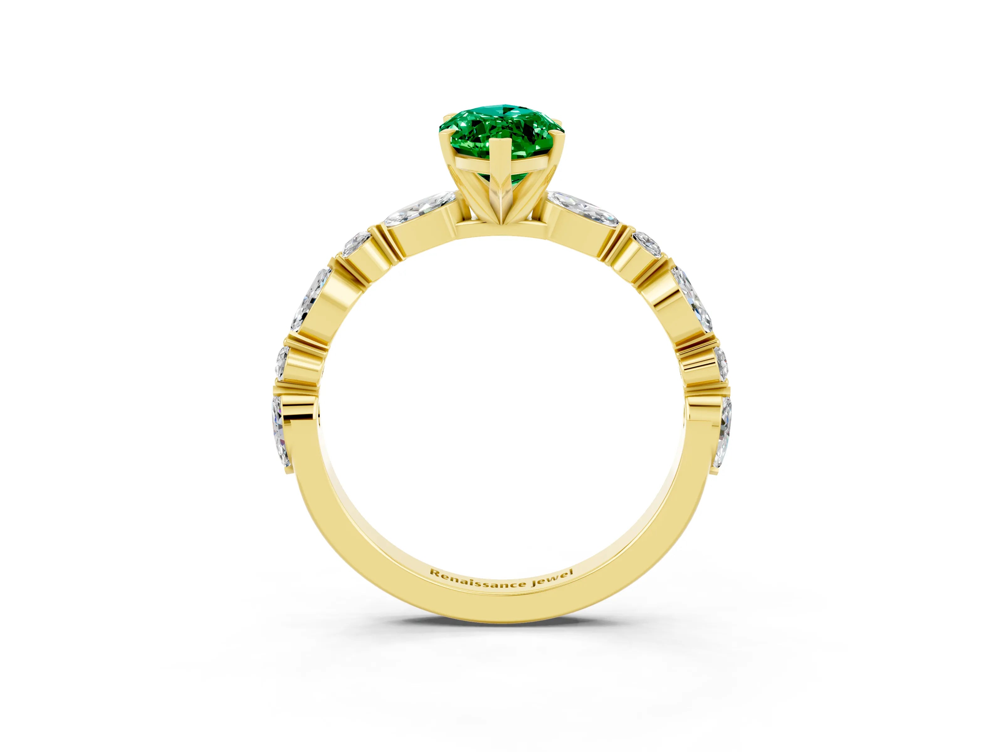 Yellow gold Marquise Cut Emerald Solitaire with Side Stones on a Pavé Band and Four-Prong Setting_3