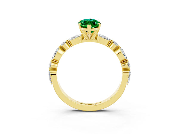 Yellow gold Marquise Cut Emerald Ring with Marquise and Round  Side Stones and Four-Prong Setting