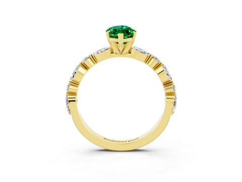 Yellow gold Marquise Cut Emerald Solitaire with Side Stones on a Pavé Band and Four-Prong Setting_3