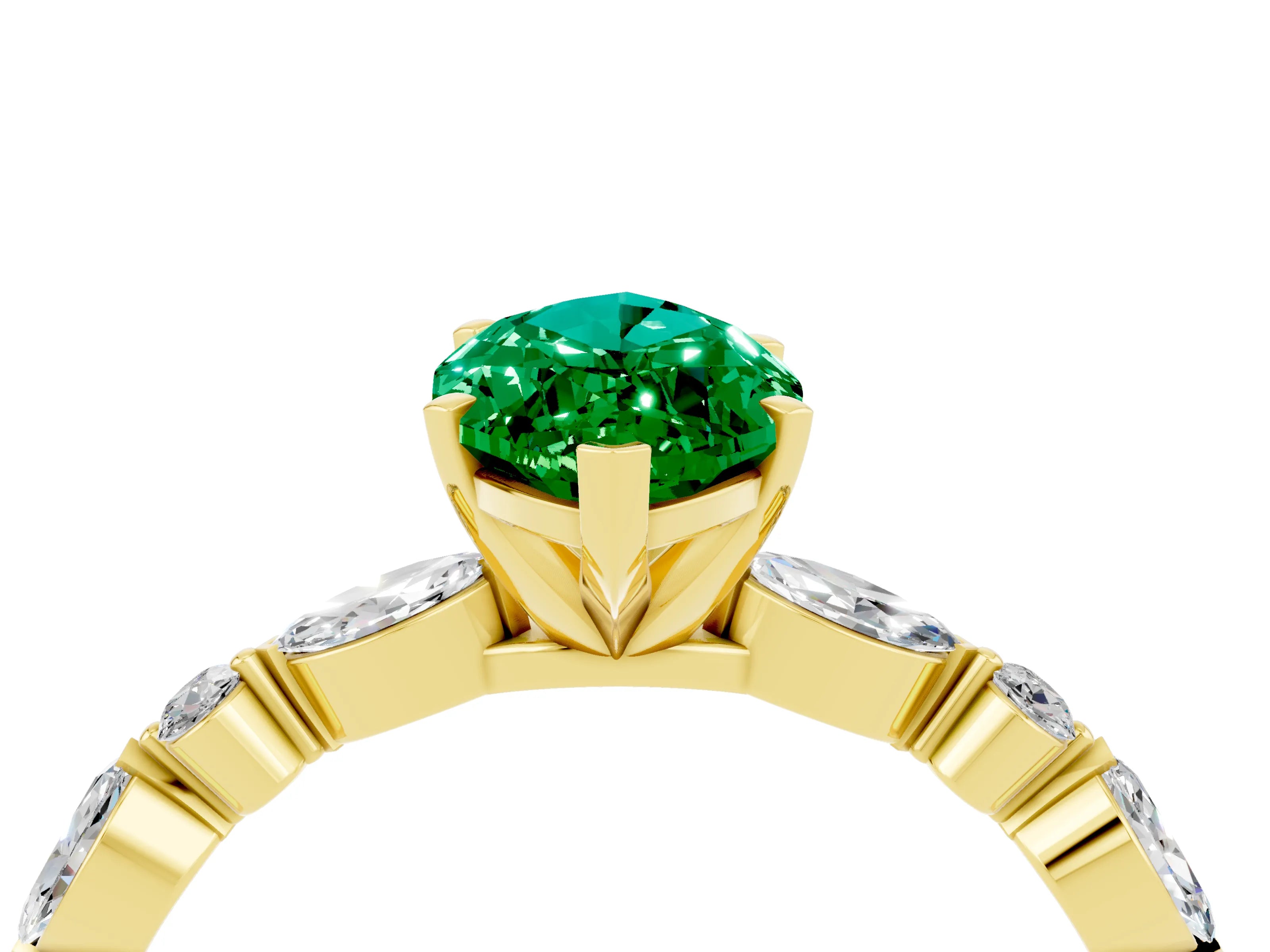 Yellow gold Marquise Cut Emerald Solitaire with Side Stones on a Pavé Band and Four-Prong Setting_4