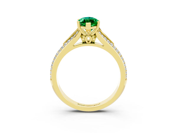 Yellow gold Marquise Cut Emerald Split Shank Engagement Ring with Pavé Band